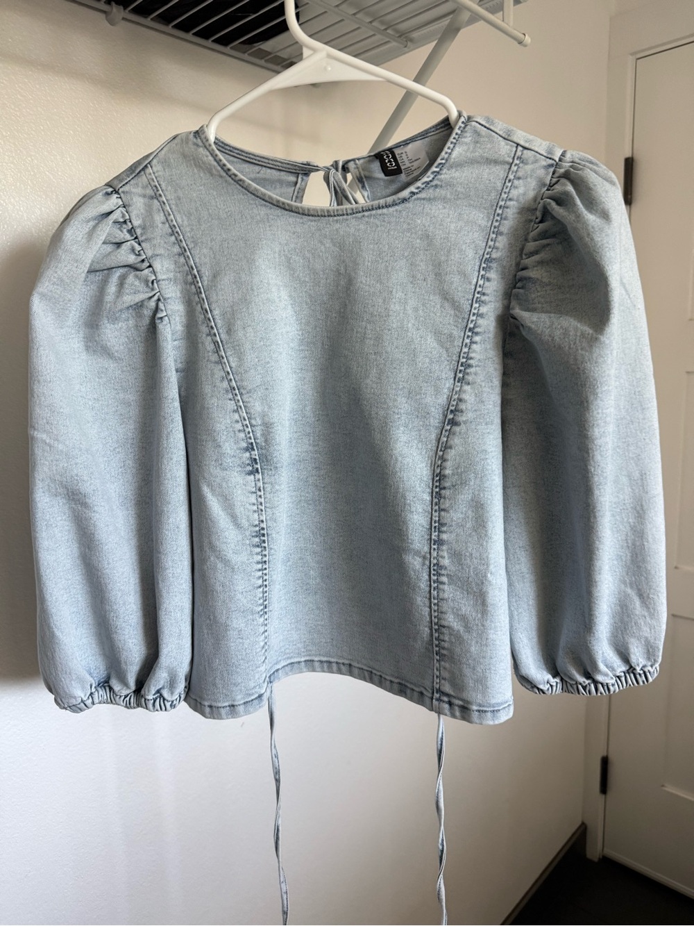 H&M Light Blue Denim Puff-Sleeve Blouse